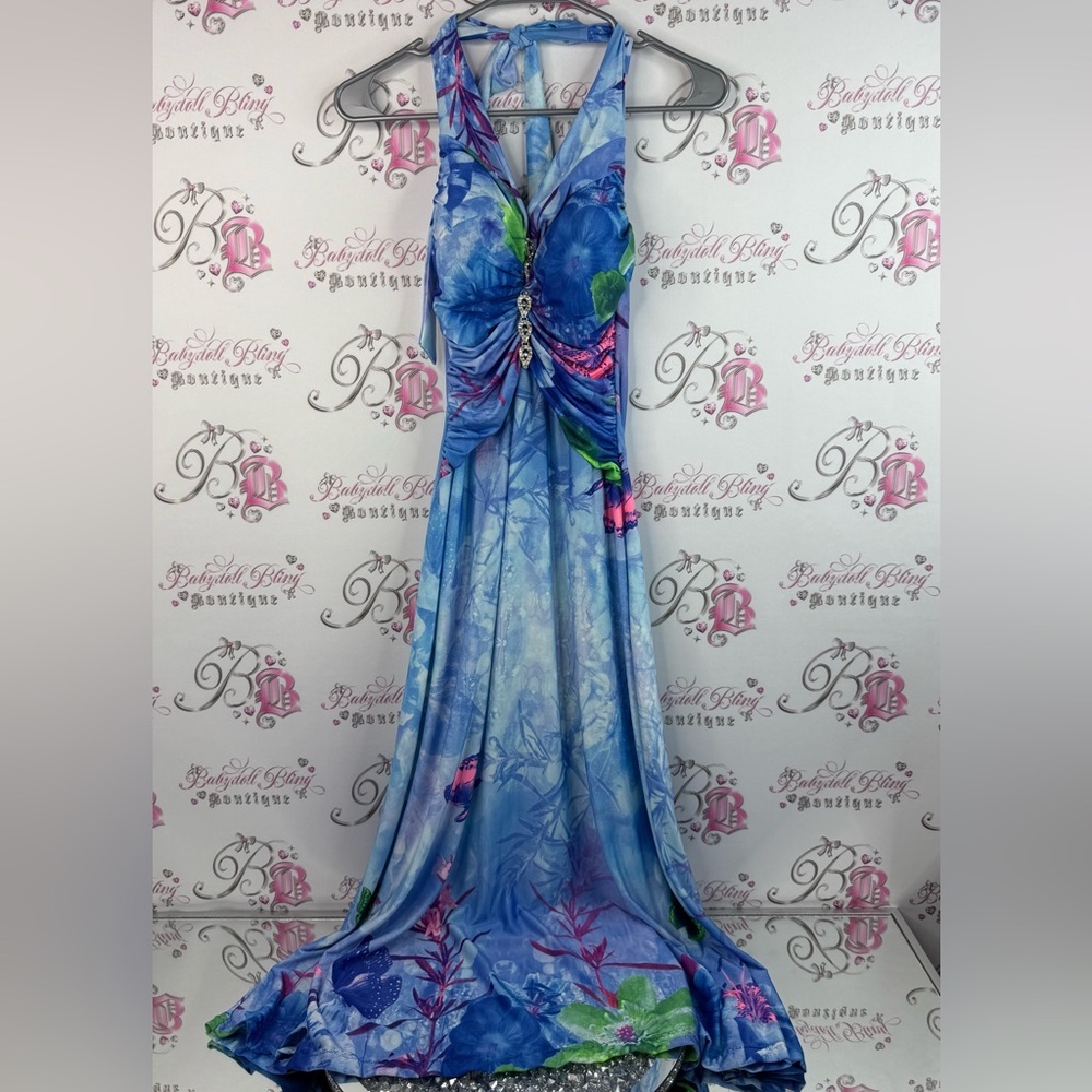Dress gown butterfly’s floral neon rhinestone bling Elegant Blue Floral Dress